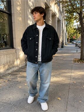 Route 66 Black Denim Jacket with Light Blue Relaxed Jeans